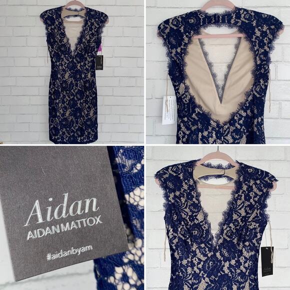 NEW Aidan Mattox Blue Lace Deep V Bodycon Cocktail Evening Party Dress sz 2 NWT - Picture 1 of 14